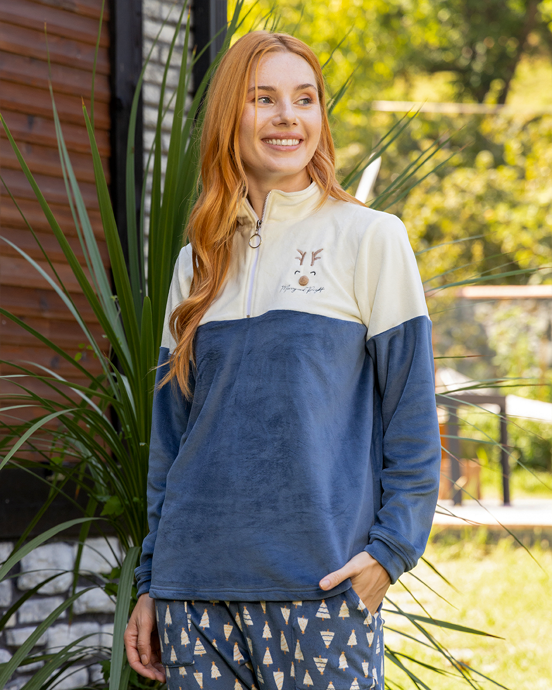 Deer face بيجاما حريمي قطيفة قطن سادة وبنطلون قيفة قطن مطبوع