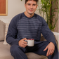 Men's Striped Raglan Sleeve Round Neck Button Down T-Shirt and Plain Pants Pajama Set