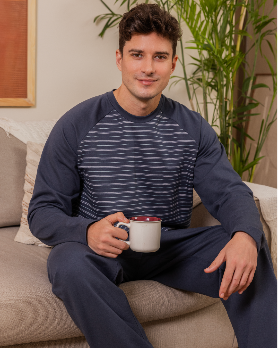 Men's Striped Raglan Sleeve Round Neck Button Down T-Shirt and Plain Pants Pajama Set