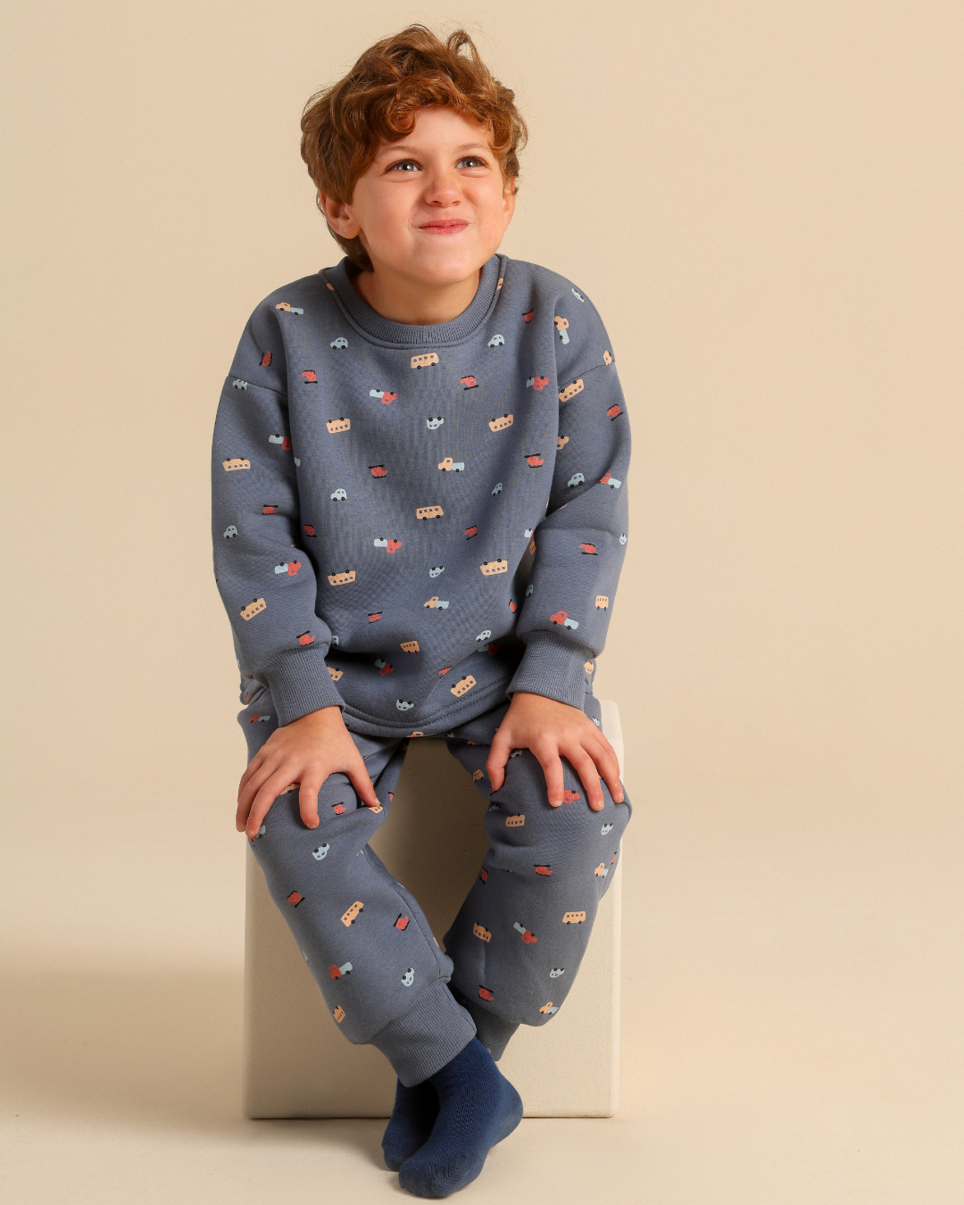 Boys' winter pajamas with a colorful car print