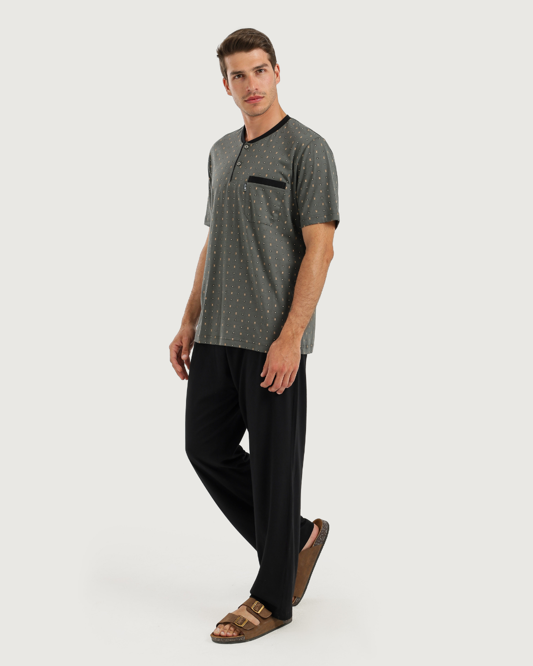 Men's Short Sleeve Pajamas with Round Neck Pants
