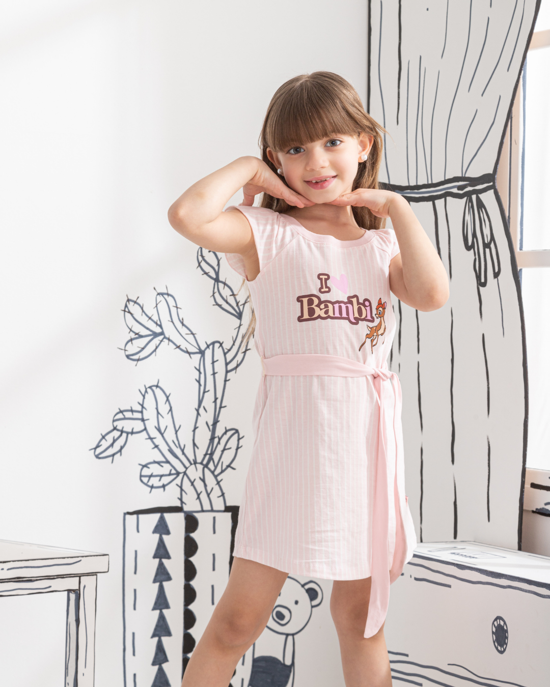 i love Bambi قميص نوم بناتي مطبوع مقلم