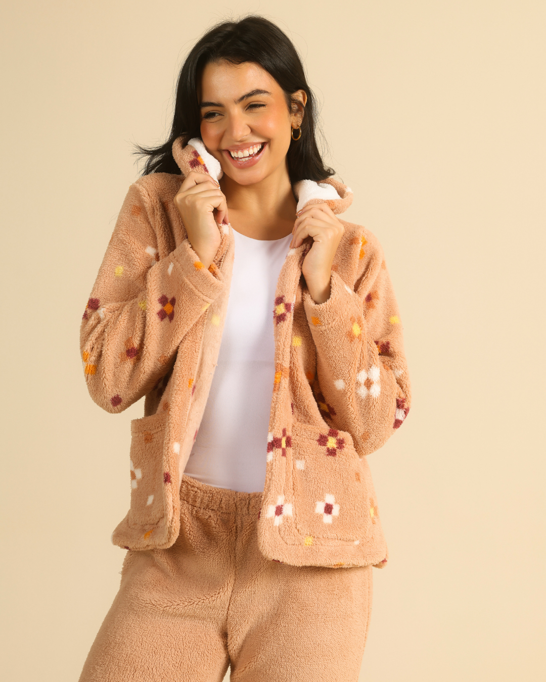 Enjoy Warmth in a fuzzy beige pajama