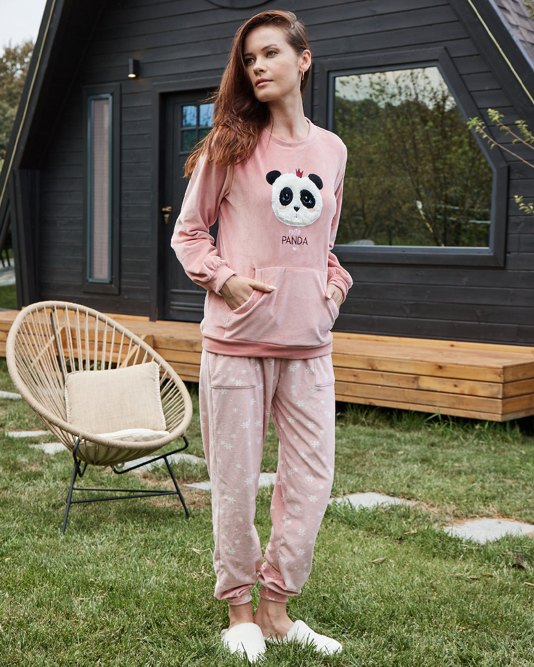 Cute Panda بيجاما حريمي قطيفة بوليستر