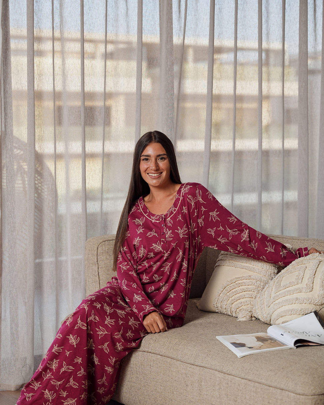 قميص حريمي بكم مطبوع ورق الشجر