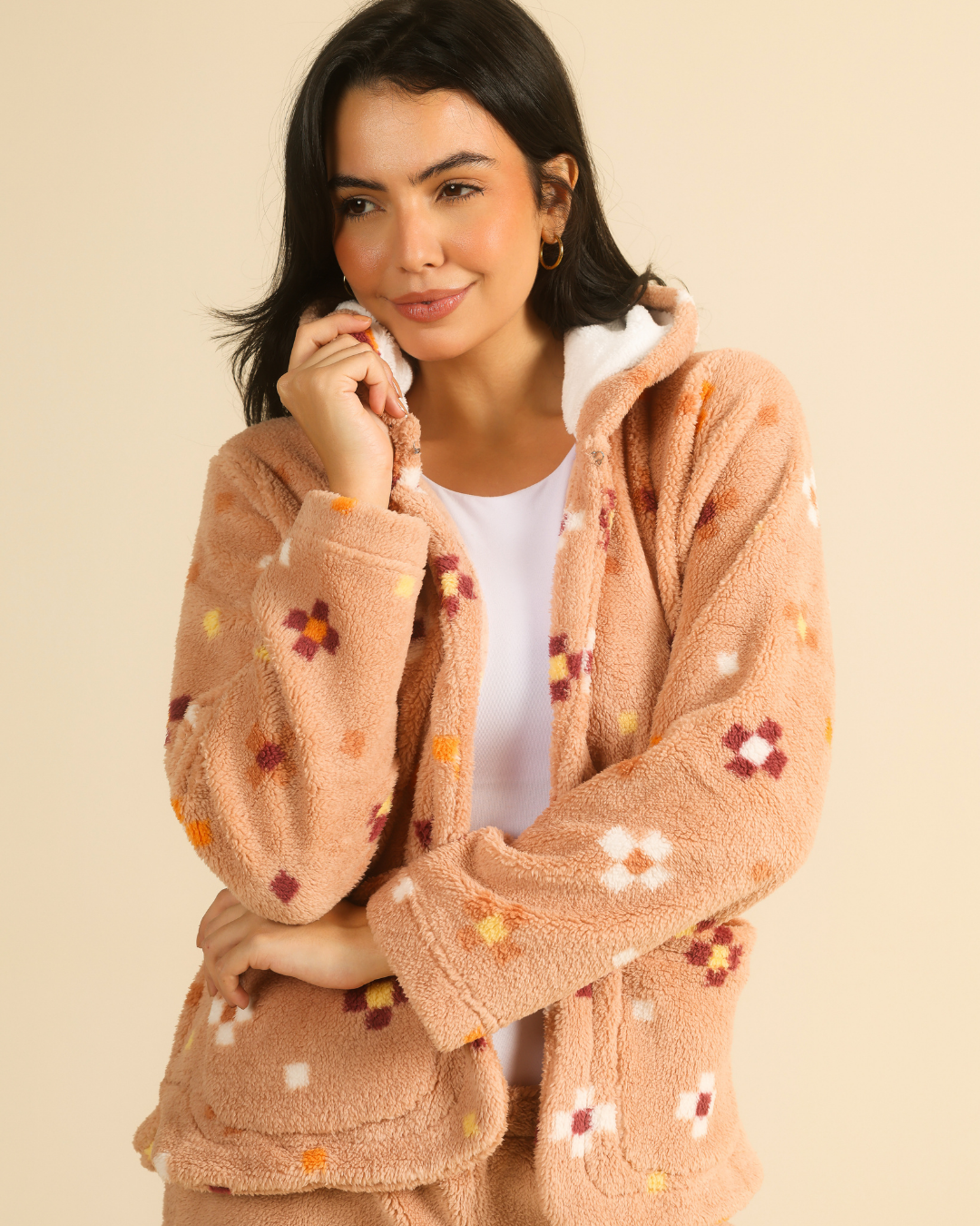 Enjoy Warmth in a fuzzy beige pajama