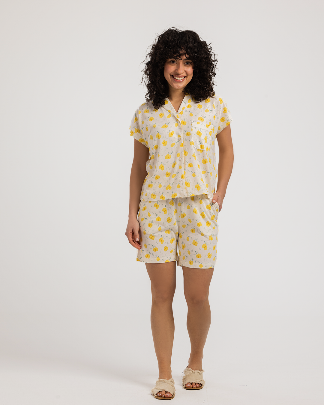 Cute lemon women's button-up pajamas