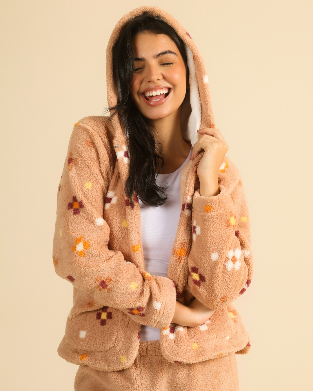 Enjoy Warmth in a fuzzy beige pajama