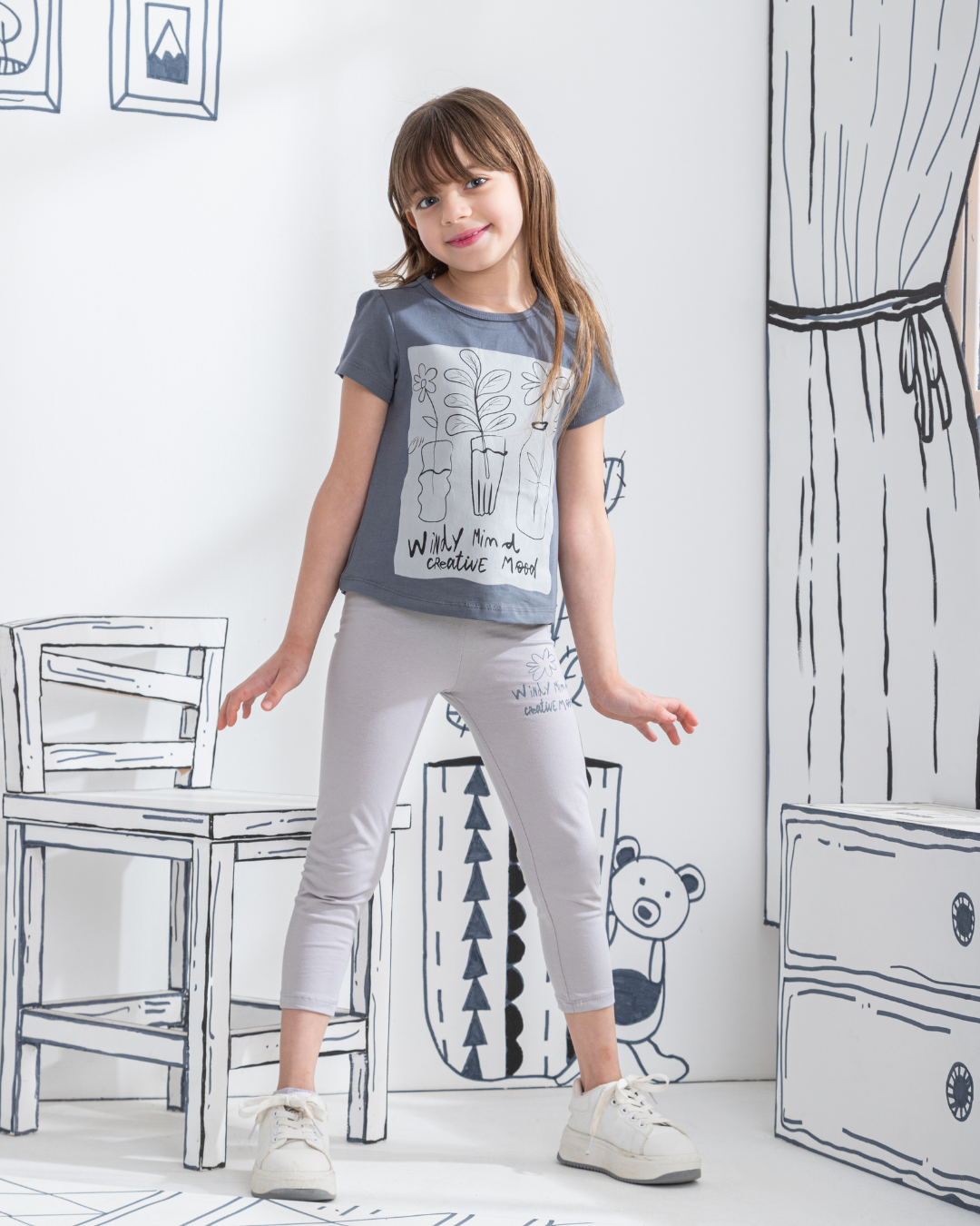 Wendy Mind بيجامه بناتي نصف كم وبنطلون طباعه صدر وبنطلون