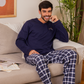Chest pocket and V-neck check pants Men's pajamas Plain long-sleeved T-shirt with collar