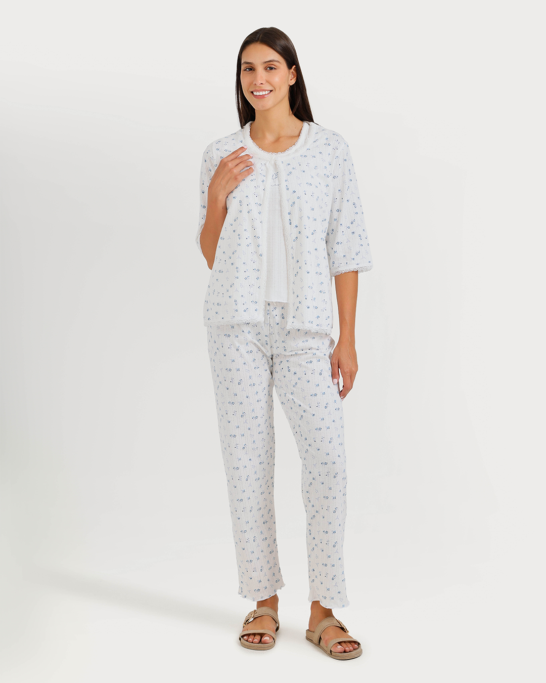 Women's 3/4 sleeve pajama with camisole, pants, and jacquard jacket