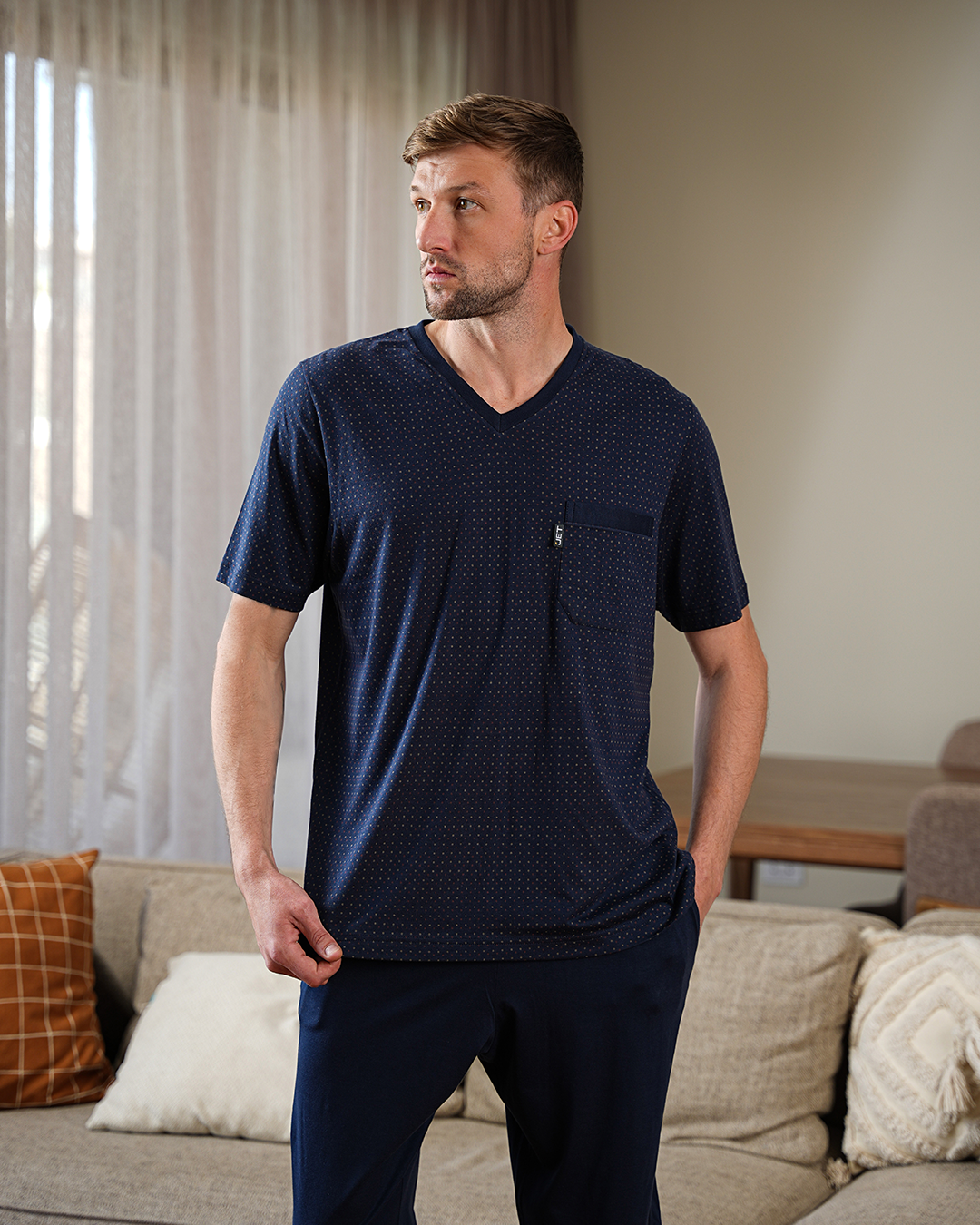 Men's pajamas, half-sleeved T-shirt and dot-printed pants