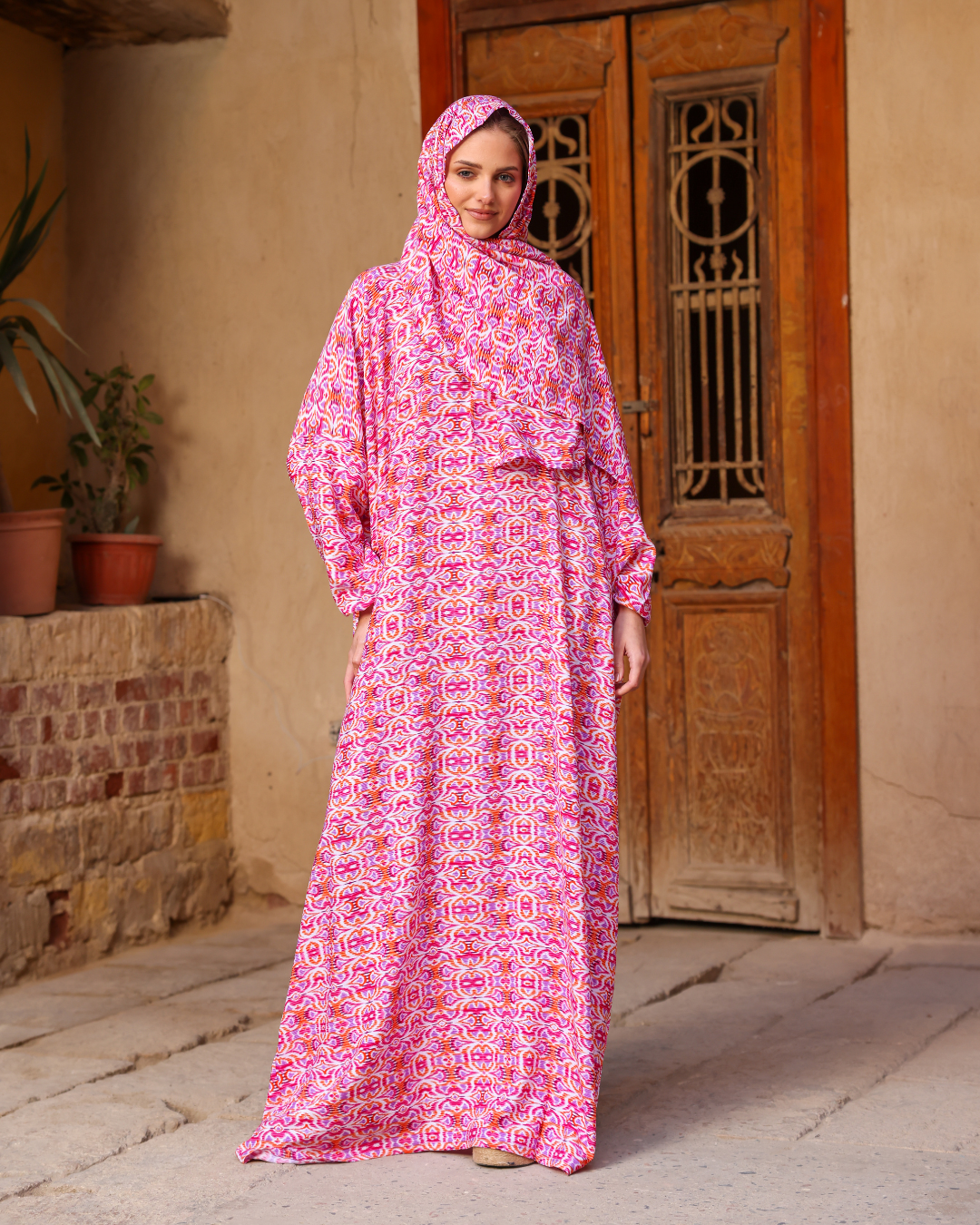 إسدال حريمي مشجر نقوش فوشيا