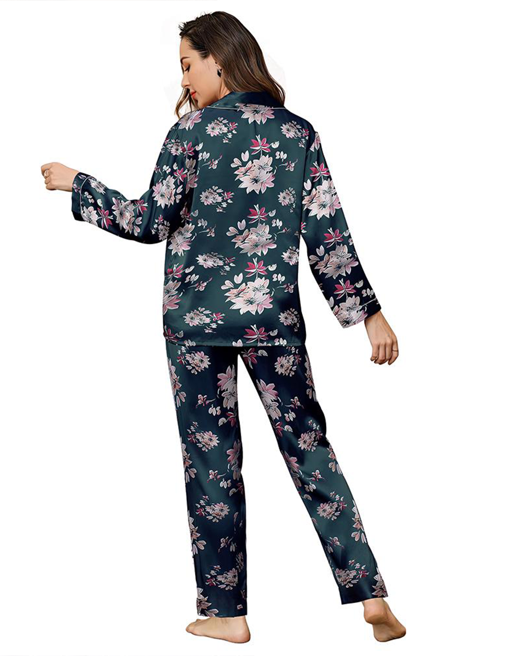 بيجامه حريمي بزراير ستان مشجره ورد