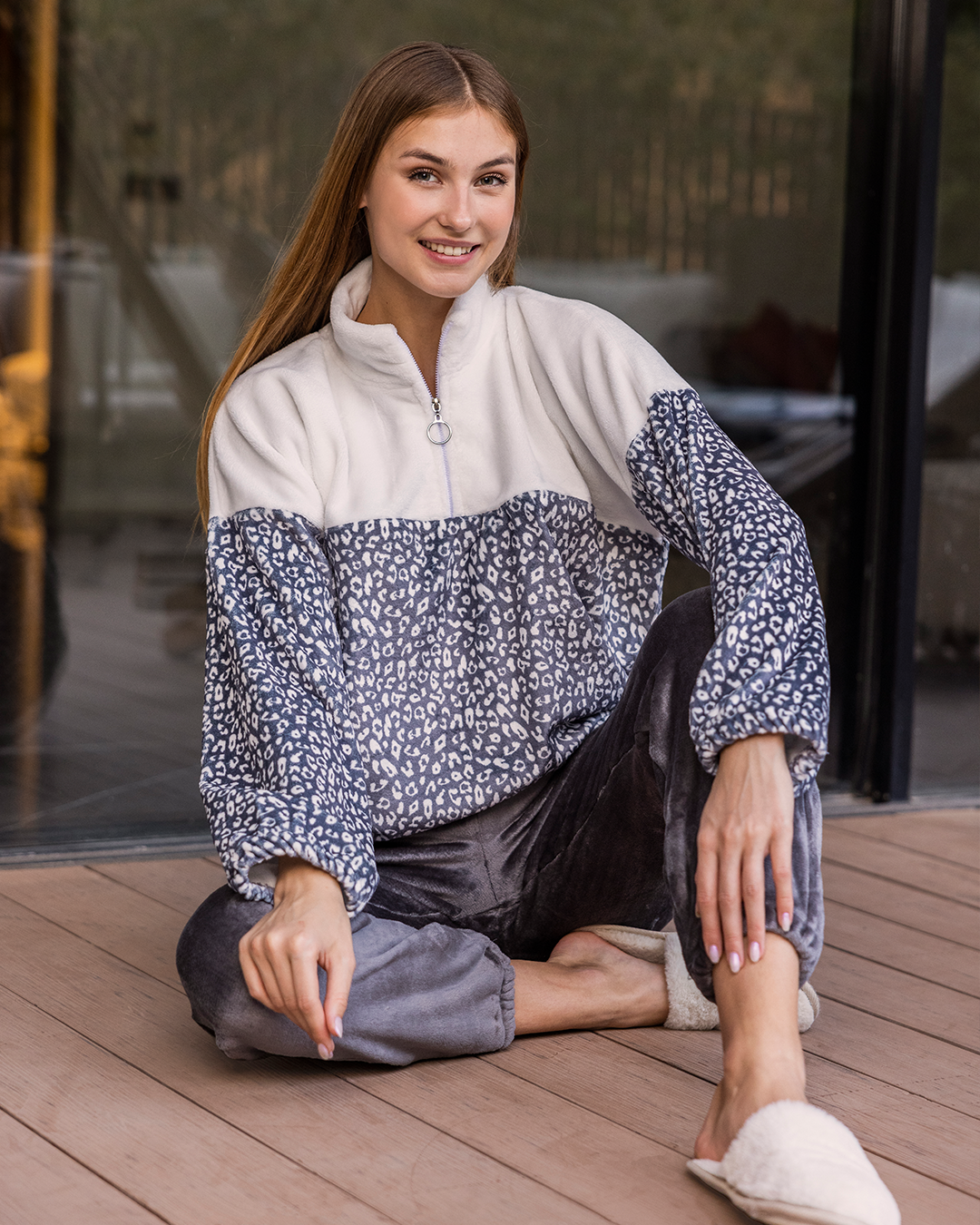 Leopard print بيجاما حريمي بولار هاف نيك بسوستة