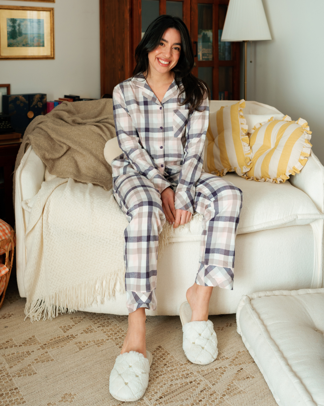 بيجاما حريمي بزراير كاروهات الربيع