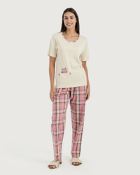 Women's half-sleeved pajamas with embroidery and fabric trousers