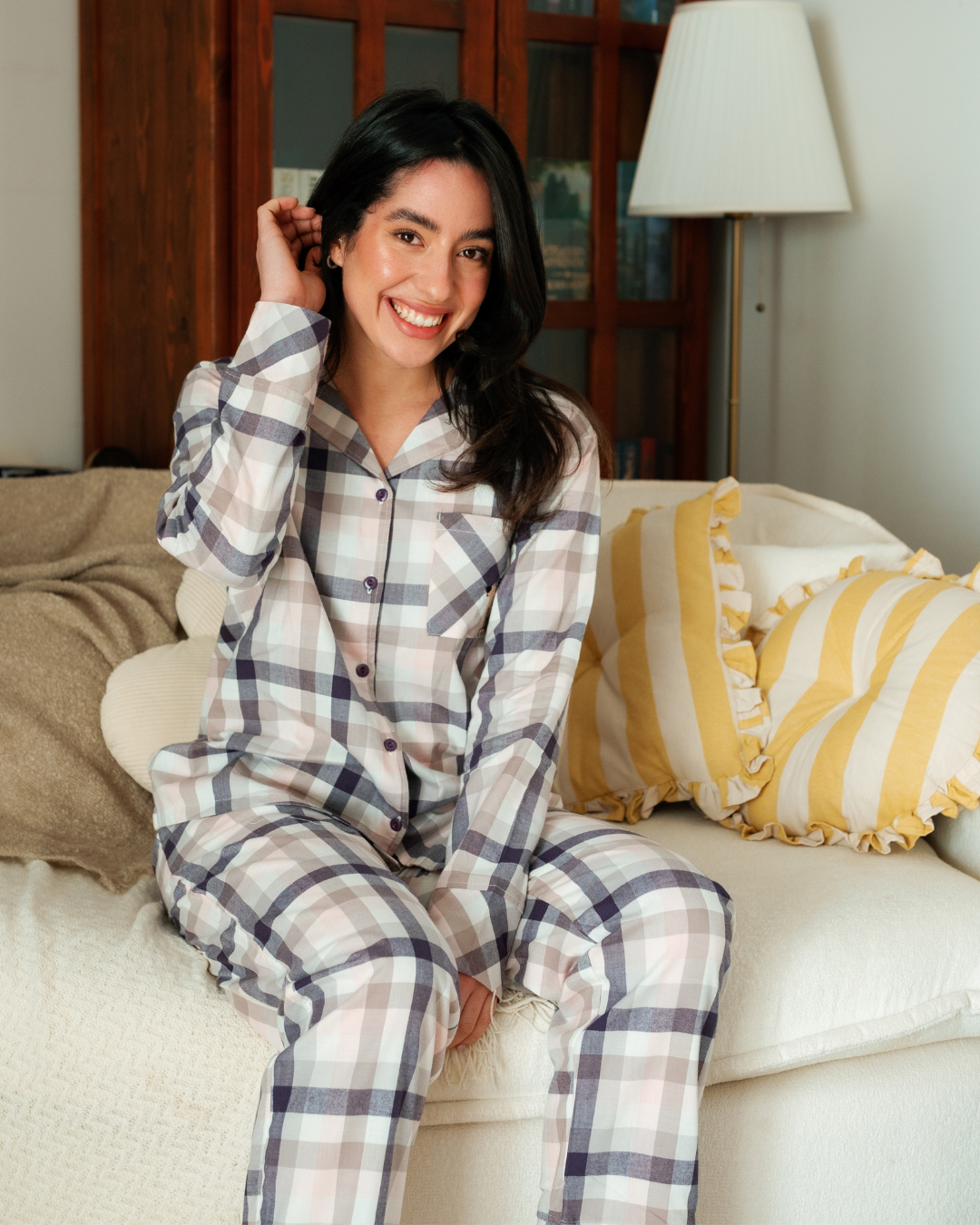 بيجاما حريمي بزراير كاروهات الربيع