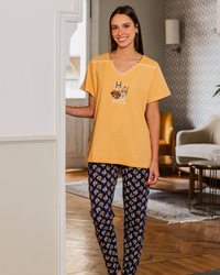 Ho No Burda Women's Bermuda Pajama Wide Shoulder Printed T-Shirt