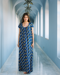 جلابية فسكوز ليكرا بدانتل اوراق شجر زرقاء