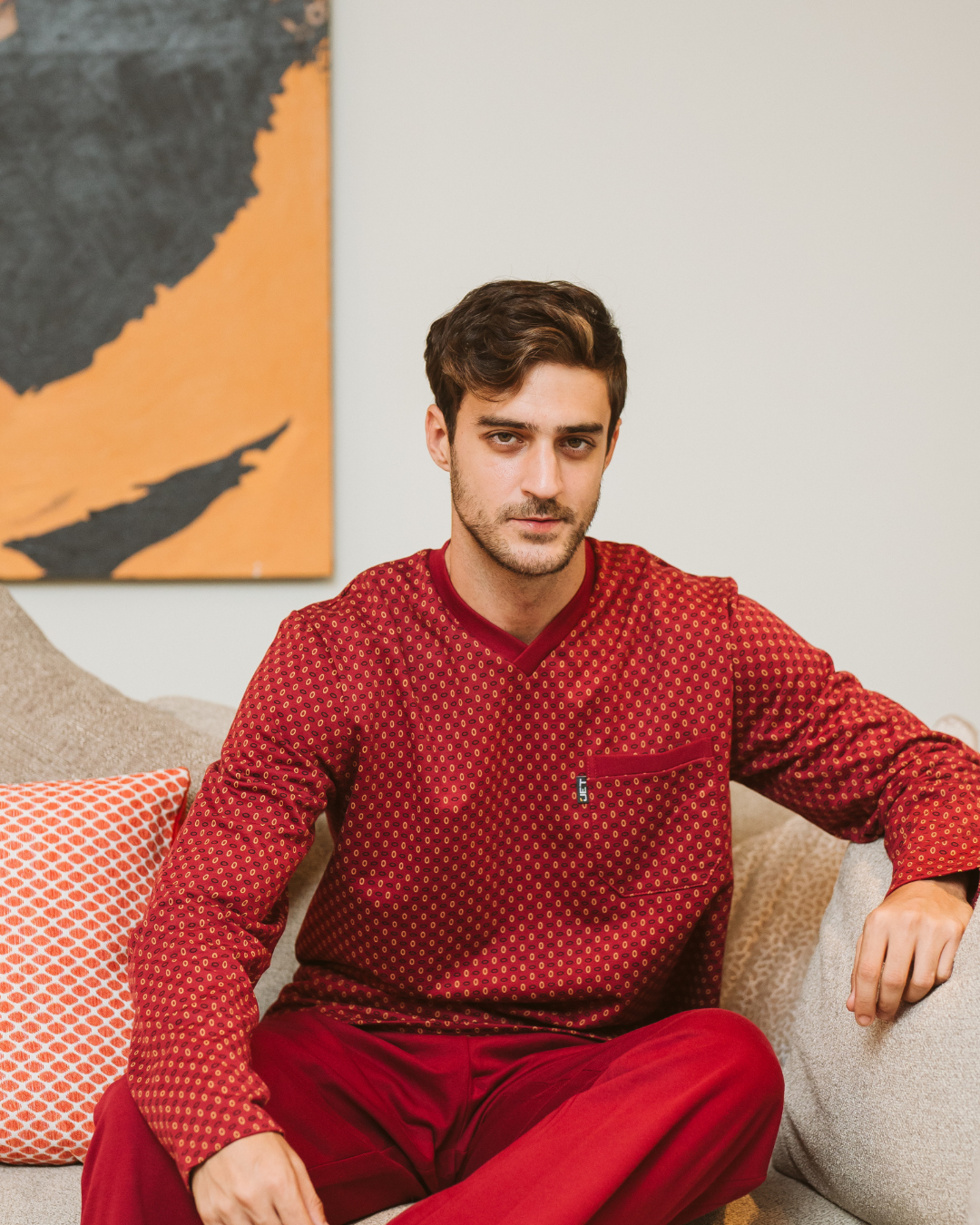 Men's plain dyed printed pajamas, long sleeved printed jacket with collar