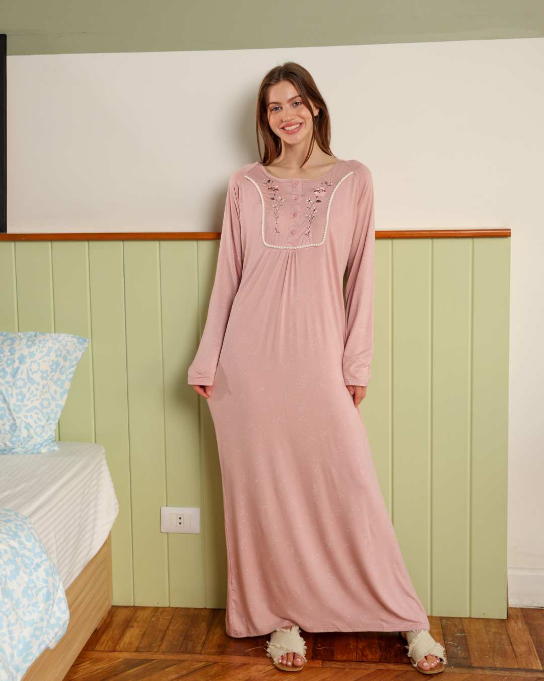 نايت شيرت طويلة  كم طويل طباعة منقط