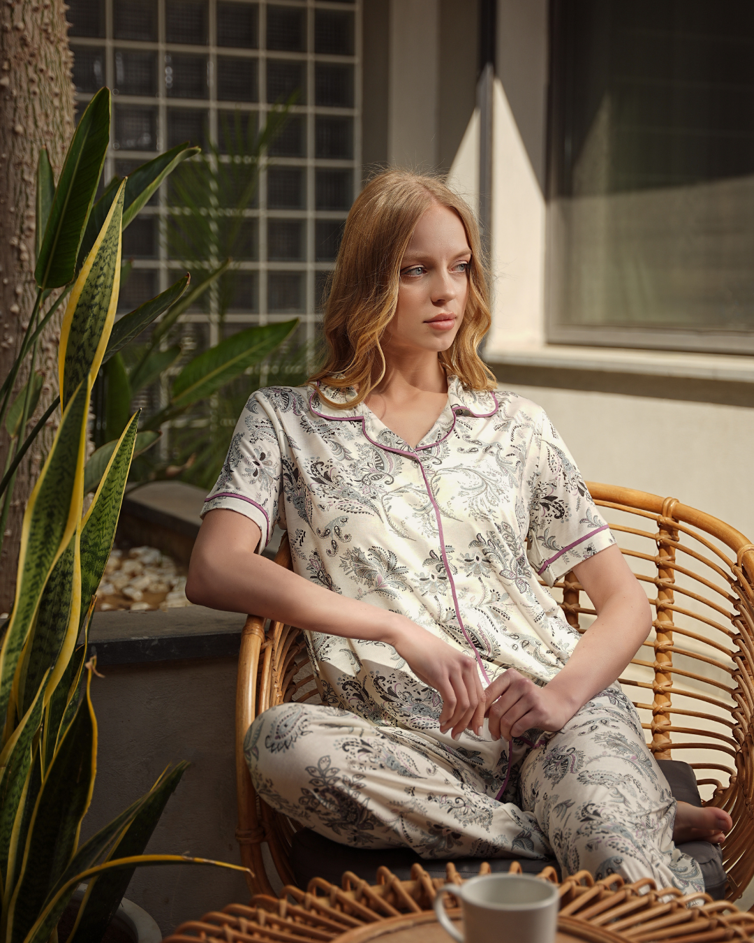 بيجامه حريمي نص كم مفتوحة ليزرية بنطلون الكشميرة فسكوز