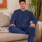 Men's Striped V-Neck Button Down Pajama Set with Chest Pocket and Plain Pants