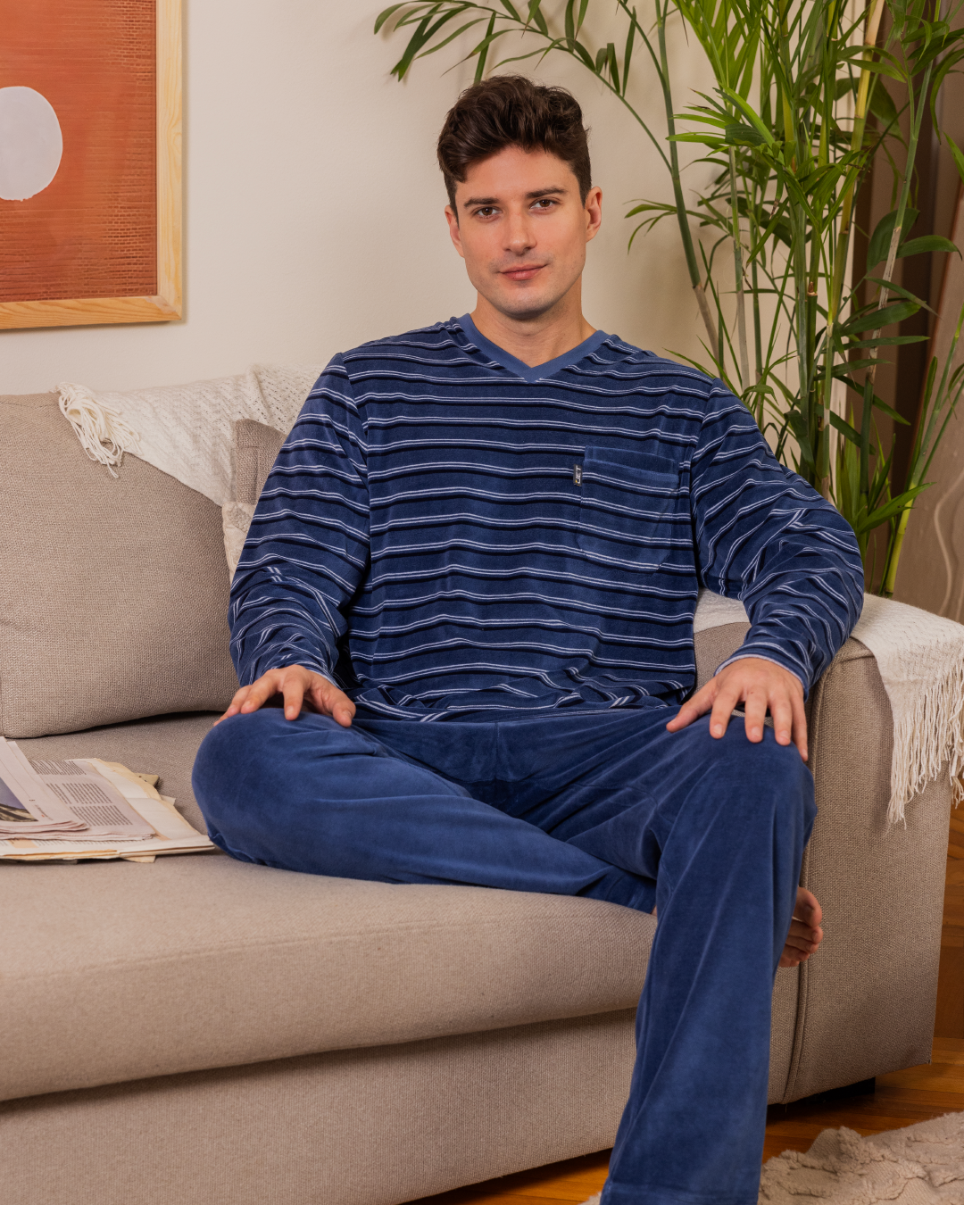 Men's Striped V-Neck Button Down Pajama Set with Chest Pocket and Plain Pants