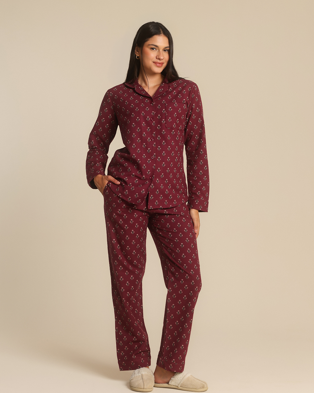 Vintage flower Women Classic Pajama in Burgundy