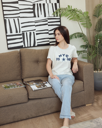 بيجاما حريمي نصف كم بنطلون طويل طباعة مقلم تطريز جينز