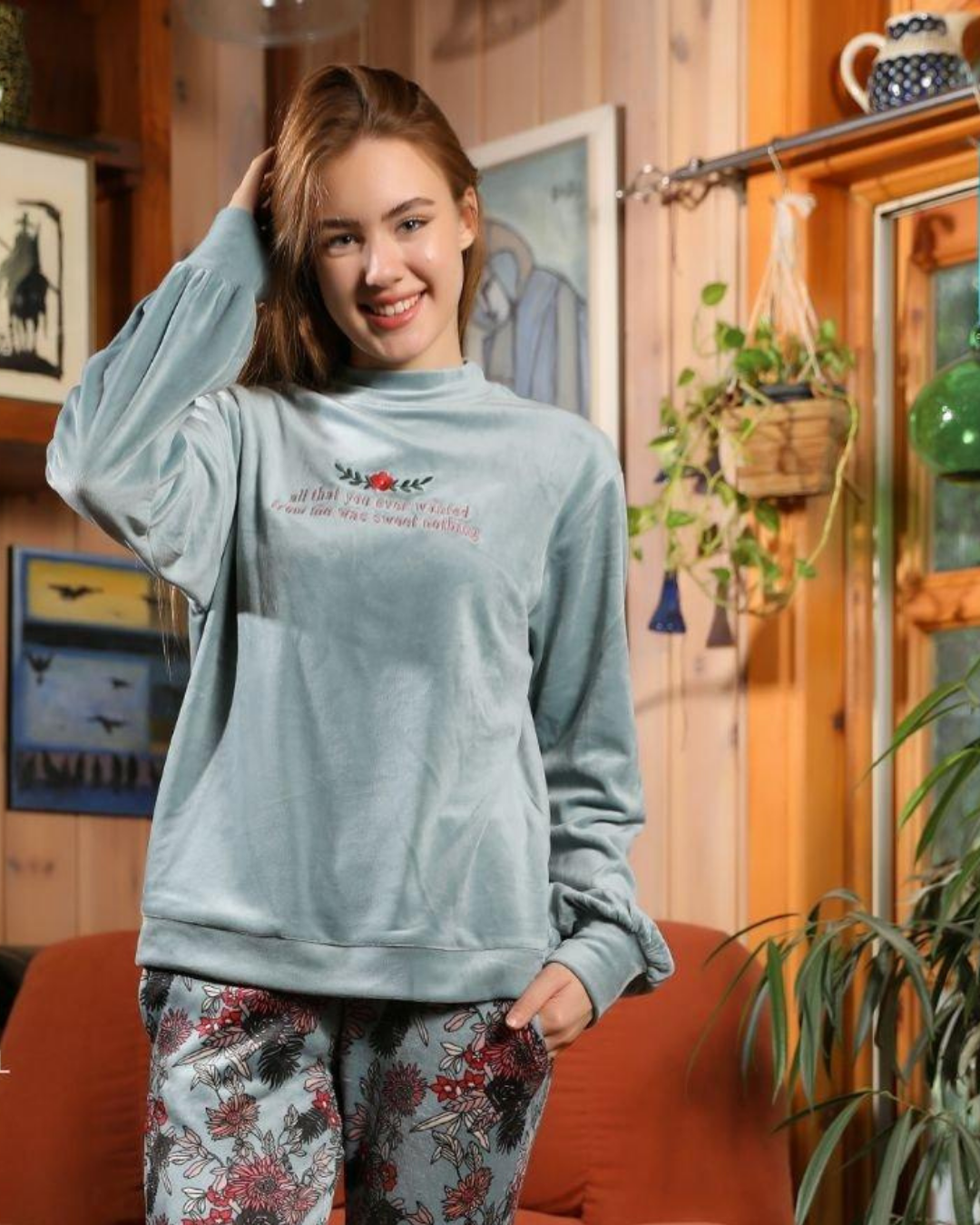 all that you ever wanted Women's pajamas with a rose print on the chest