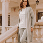 Women's pajamas, round-sleeved T-shirt, striped jacket and plain pants with a drawstring, heart print on the chest