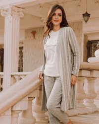 Women's pajamas, round-sleeved T-shirt, striped jacket and plain pants with a drawstring, heart print on the chest