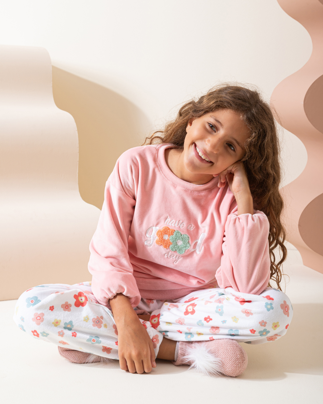 GOOD بيجاما اطفال بناتي سوفت فيلفت سادة *بنطلون مطبوع
