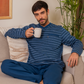 Men's Striped Raglan Sleeve Round Neck Button Down T-Shirt and Plain Pants Pajama Set