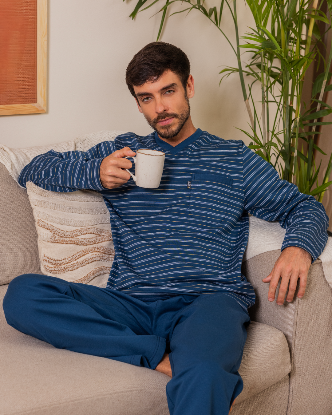 Men's Striped Raglan Sleeve Round Neck Button Down T-Shirt and Plain Pants Pajama Set