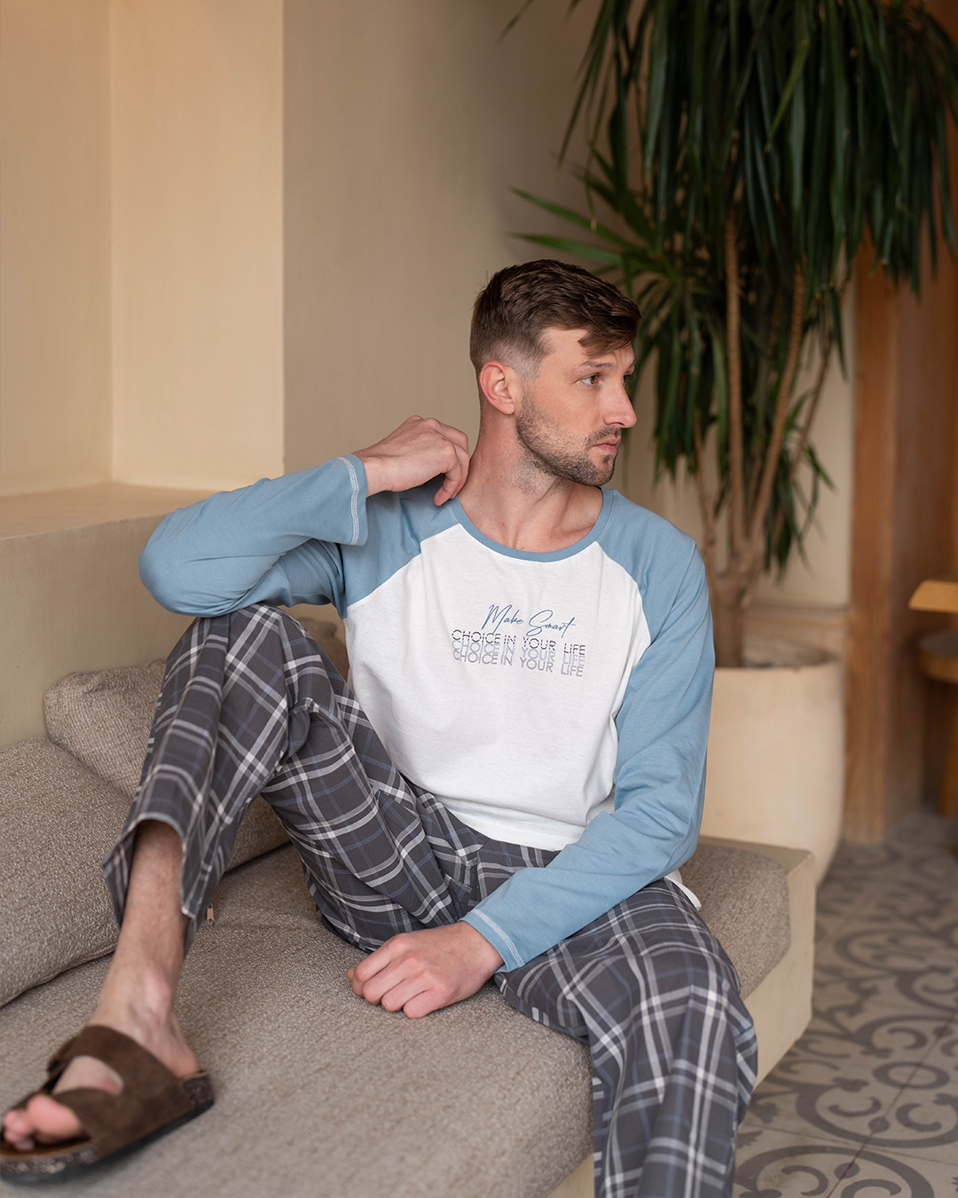 Make smart choices بيجاما رجالي توب سادة*بنطلون كاروه