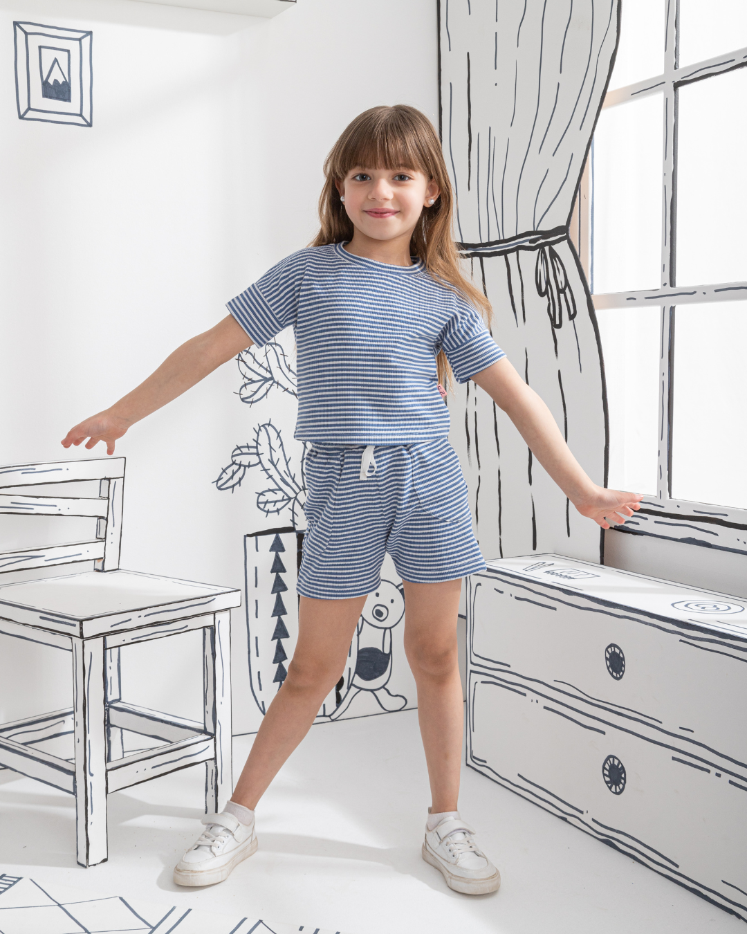 Waffel Stripe بيجاما اطفالي بناتي نص كم وشورت