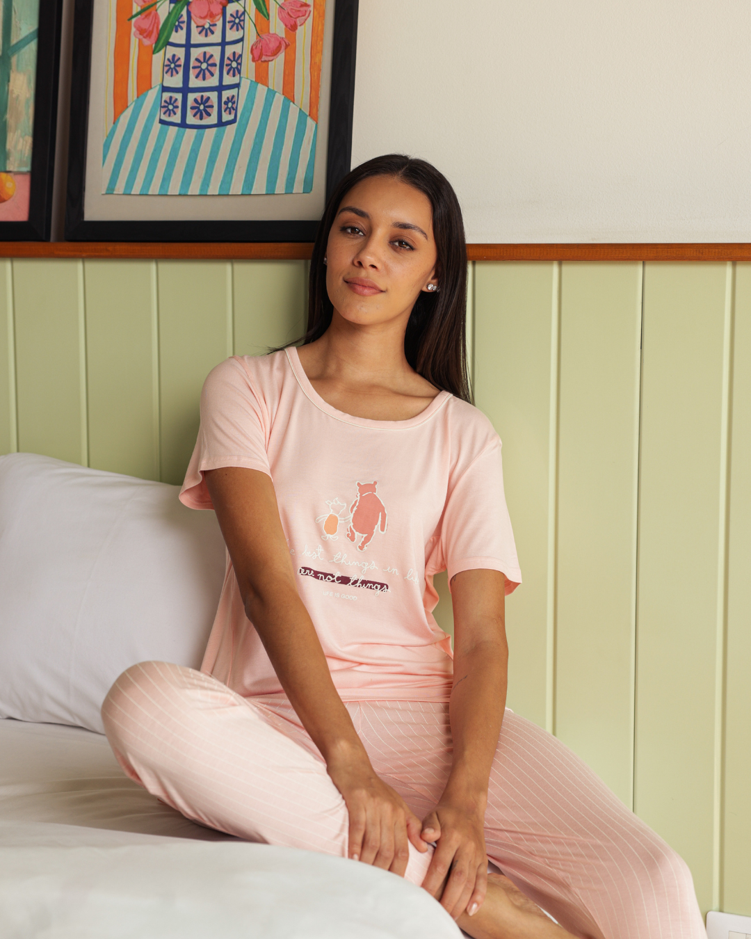 Women's pajamas half a quin long trousers print a small and striped bear