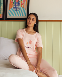 Women's pajamas half a quin long trousers print a small and striped bear