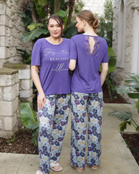 BEAUTIFUL بيجامه حريمي تيشرت نص كم ضهر دانتيل وبنطلون مشجر ورد