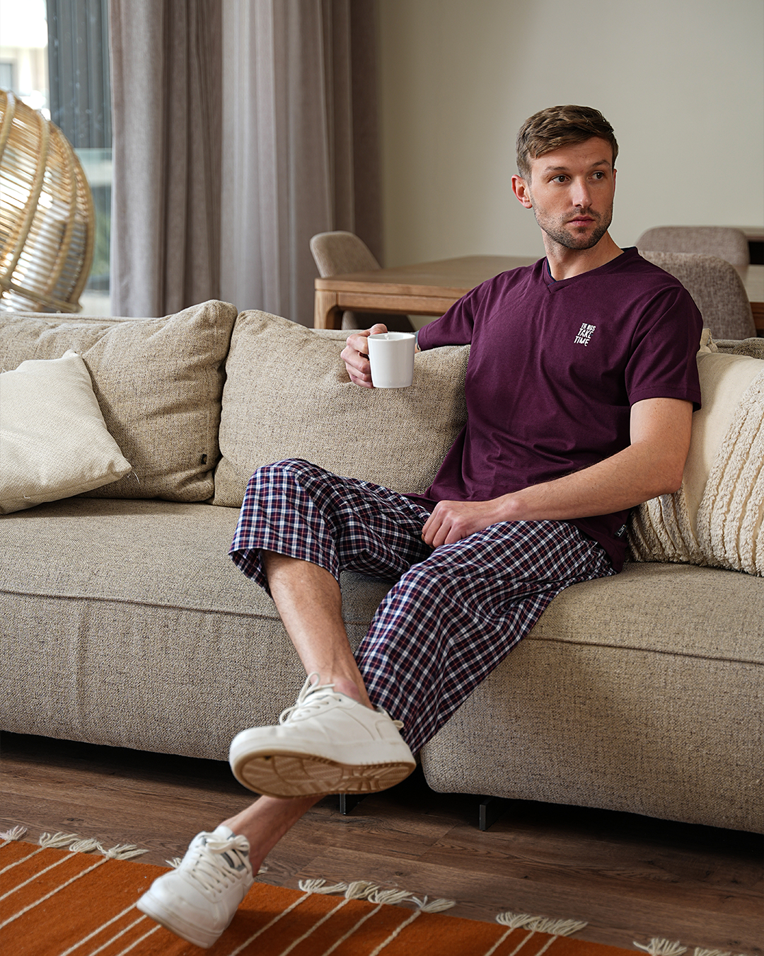 السادة Xبيجامه رجالي تيشرت نص كم رواند وبنتاكور النسيج الكاروة