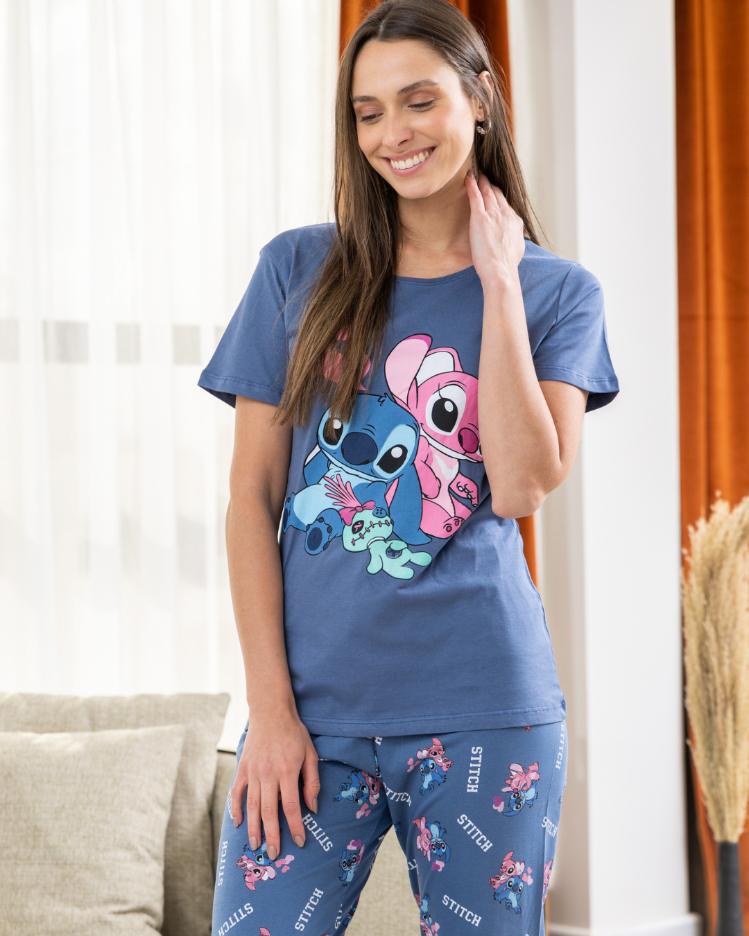 Women's pajamas, half sleeves, stitching pants