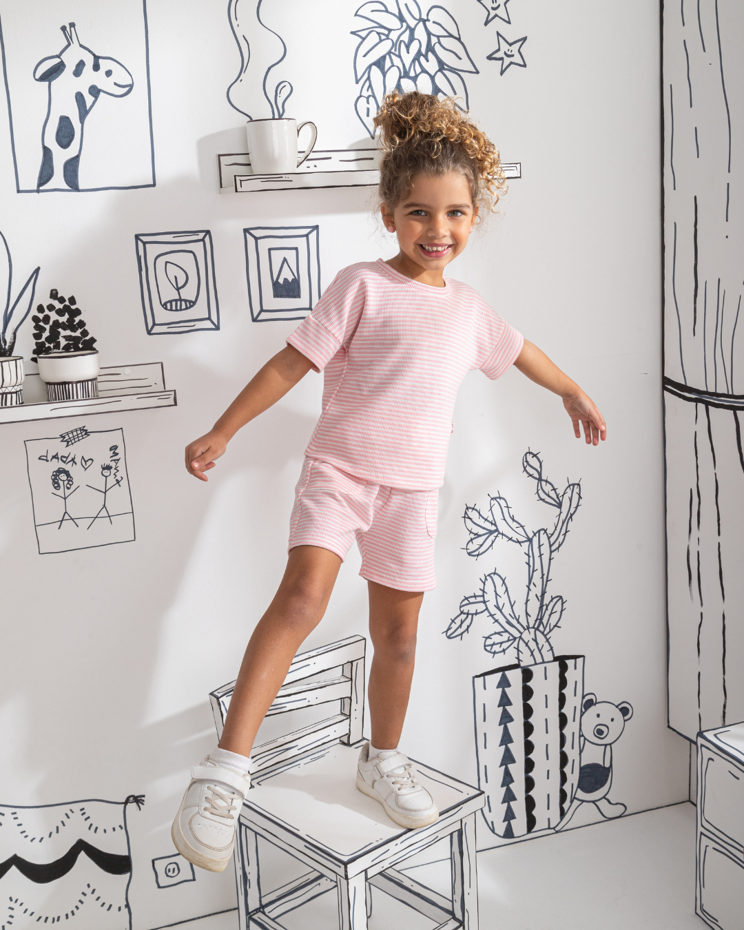 Waffel Stripe بيجاما اطفالي بناتي نص كم وشورت