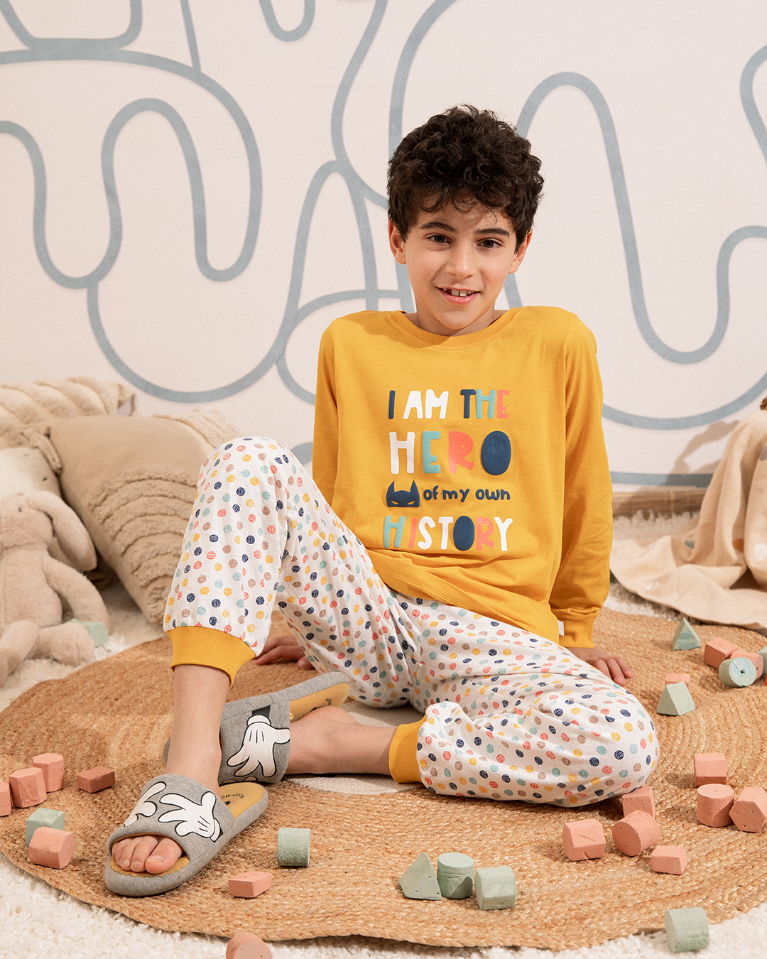 i am the Hero بيجامة اطفالي اولادي كم طويل *بنطلون مطبوع قطن