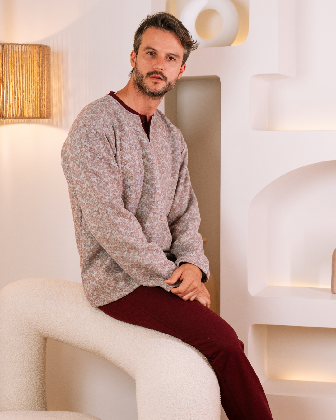 بيجامة رجالي مرد بولو وتارى منقوش بزراير وبنطلون ساده ميلتون