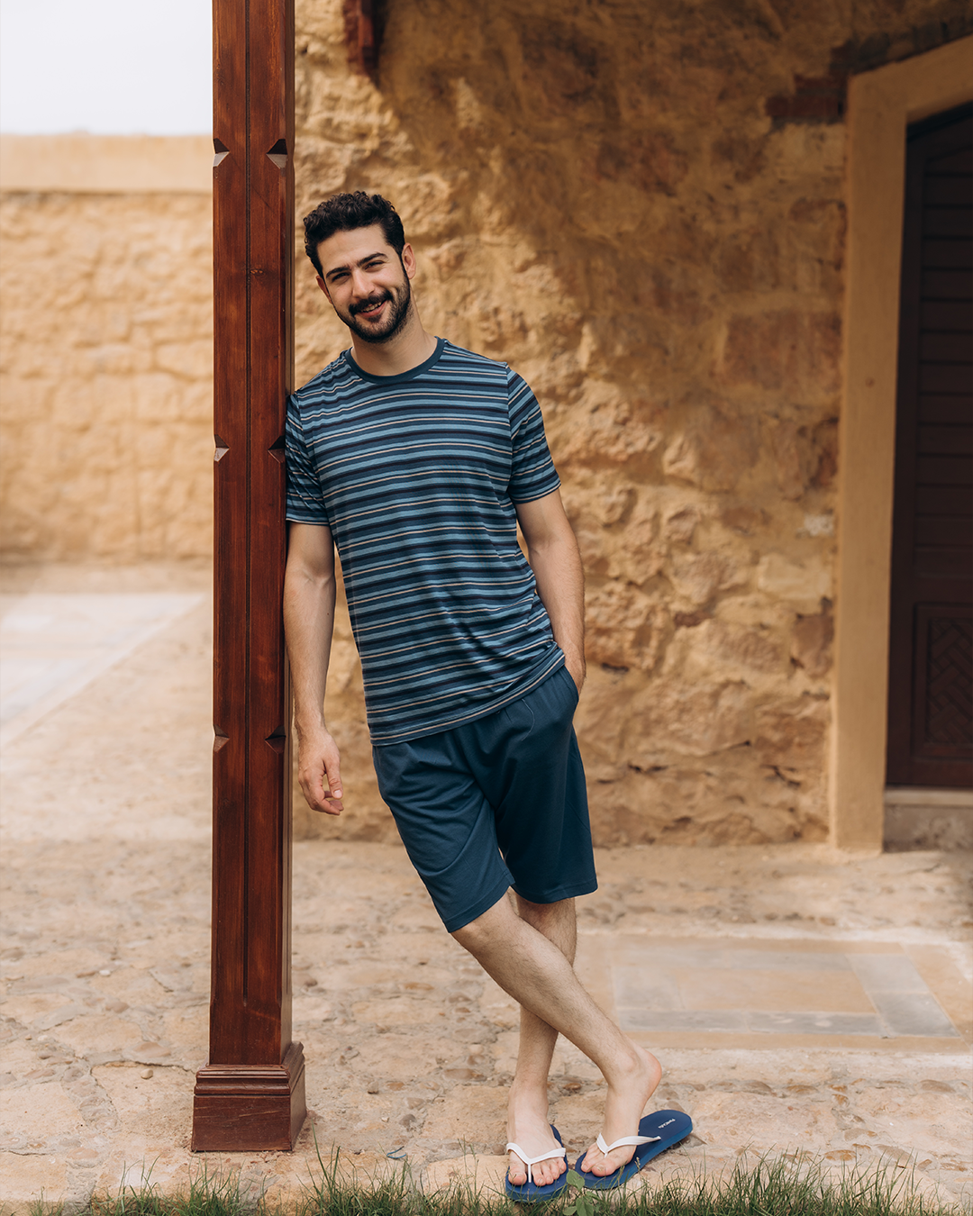 بيجامه رجالي راوند مقلمه شورت ساده