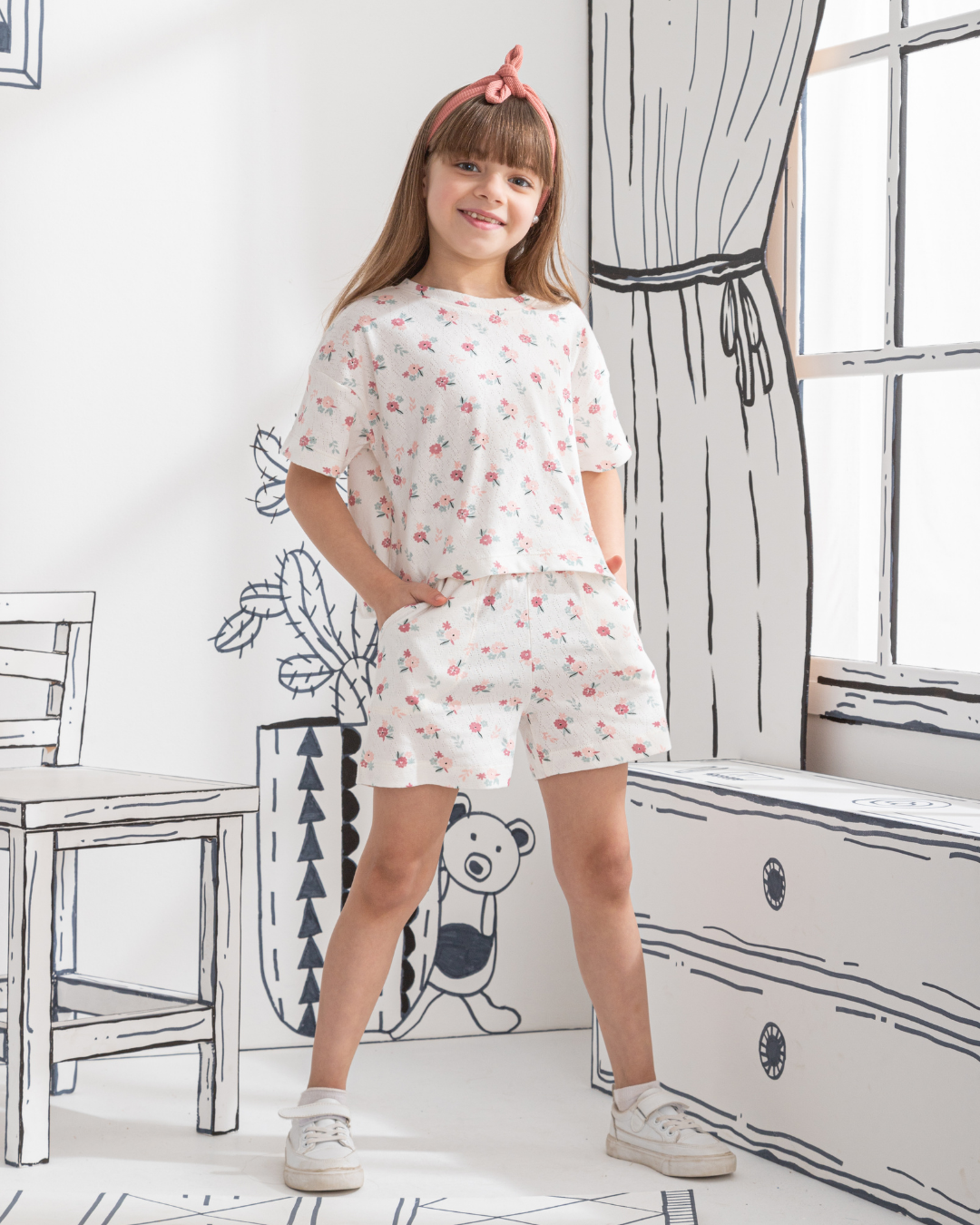 Floral Pointelle Girls' half-sleeved pajamas and shorts printed with roses