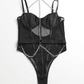JX Women's Transparent Lace Bodysuit with Metal Chain
